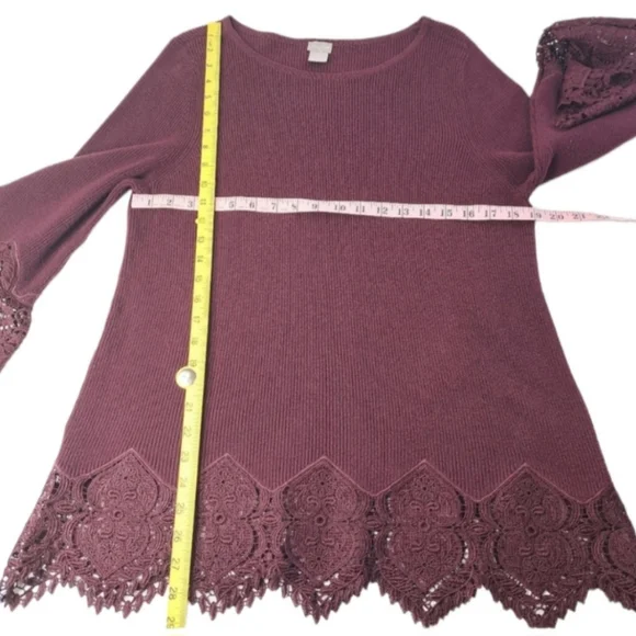Chico's Women's Long Sleeve Burgundy Blouse/Sweater Ribbed Lace Size 2P … - Picture 8 of 16